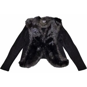Vintage Y2K Lisa International Black Faux Fur Cardigan Size L Mob Wife